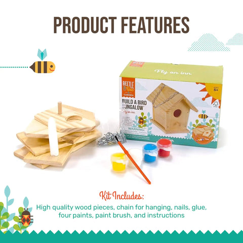 Build A Birdhouse Bungalow DIY Kit For Kids With Seven Wooden Pieces Paints Glue Brush And Hanging Chain box with contents