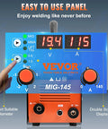 Control panel of 145 Amp Do-It-All 3-In-1 Welder Flux Core MIG, Lift TIG, and Stick Welder with IGBT inverter displaying settings.