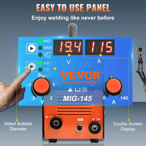 Control panel of 145 Amp Do-It-All 3-In-1 Welder Flux Core MIG, Lift TIG, and Stick Welder with IGBT inverter displaying settings.