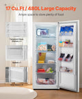 17 Cu Ft Frost Free Upright Freezer And Convertible Refrigerator With Auto Defrost featuring four shelves and a basket for versatile food storage.