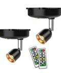 Two Pack Cordless LED Spotlight With Rotatable Heads For Indoor Art Paintings Dartboard And Bedroom Displays Battery Operated Picture And Accent Lights Remote Or Manual Power Easy Install, featuring black design and remote controls.