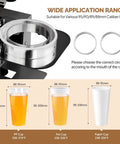 Full Auto Cup Sealing Machine With LCD Control Panel for 88 89 90 95mm Cups showing cup size compatibility chart