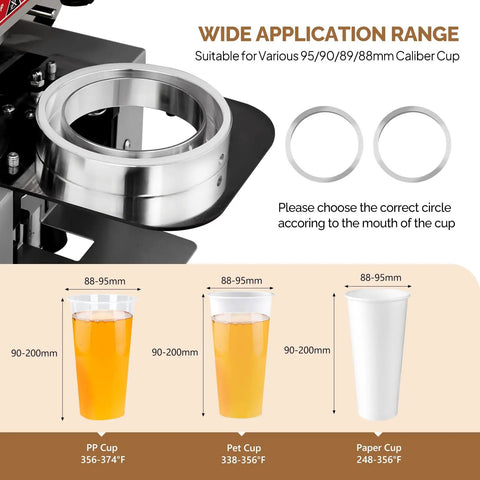 Full Auto Cup Sealing Machine With LCD Control Panel for 88 89 90 95mm Cups showing cup size compatibility chart