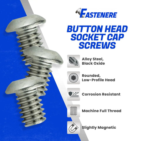 Road Ready 18 8 Stainless Steel Button Head Socket Cap Screws 6 32 X 1/2 Inch Full Thread 50 Pack displayed with rounded heads and full thread.