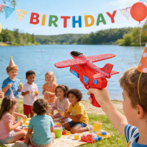 Hand Launched Foam Airplane Toy For Backyard Fun in child's hand at lake birthday party with kids in background.