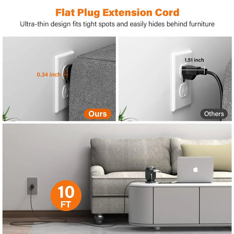 Flat Plug 12 In 1 Power Strip Tower with ultra-thin 10 ft extension cord hidden behind furniture in home office.
