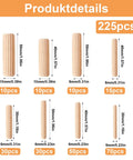 Sizes and quantities of Pro Grade Walnut Wood Dowels Kit with grooved plugs, part of 225 pcs set for projects