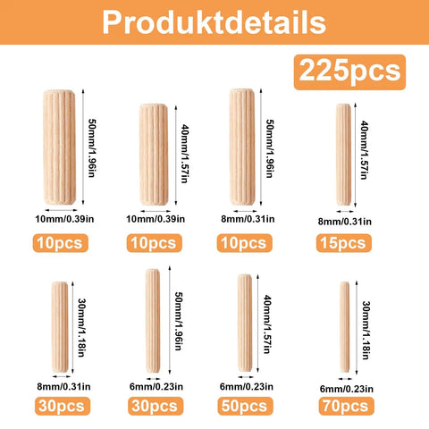 Sizes and quantities of Pro Grade Walnut Wood Dowels Kit with grooved plugs, part of 225 pcs set for projects