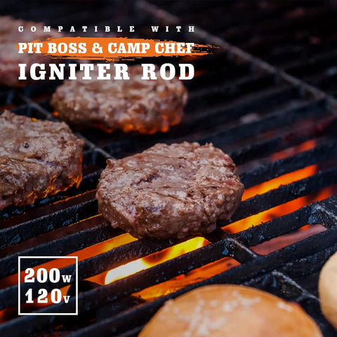 2 Pack Hot Rod Igniter Kit Replacement For Pit Boss Pellet Grills Igniter Rod Heating Element Compatible With Pit Boss Traeger Camp Chef Includes 2 Fuses, igniter rod shown on grill with burgers