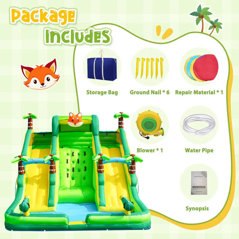 17 Foot Inflatable Water Slide With Built In Pool Climbing Wall And Water Spray Wet And Dry Dual Use Backyard Water Park Gear For Family Fun Epic Summer Party Splash Easy Setup And Compact Storage package contents, including blower, storage bag, ground nails, repair kits, and water pipe.