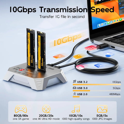 Dead Simple Dual Bay M.2 Nvme Sata Raid Enclosure Clone Dock displaying 10Gbps transfer speed with dual SSDs and USB connectivity.