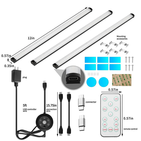 Image of Plug In Under Cabinet LED Light Bar With Motion Sensor, Dimmable, Remote And No Wiring, showing components and accessories.