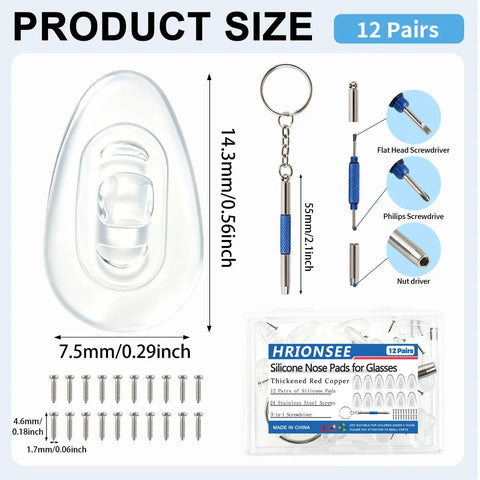 Hella Comfy Universal Silicone Nose Pads For Glasses 12 Pairs With Anti Slip Air Cushions And Micro Screwdriver Kit showing size and screws.