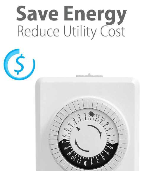 Close-up of indoor light timer dial with 'Save Energy' text, part of Dual 24 Hour Timers Outlet Plug In Indoor Light Timer.