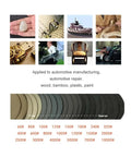 Image showing 80 Piece Heavy Duty 5 Inch Hook And Loop Sanding Discs, Waterproof Silicon Carbide, labeling grit sizes and applications.