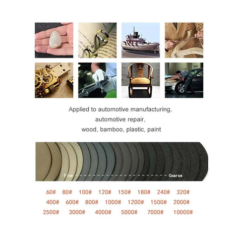 Premium 120 Piece Set Of 4 Inch Hook And Loop Sanding Discs With Dust Venting Holes and durable silicon carbide coating displayed with grit levels.
