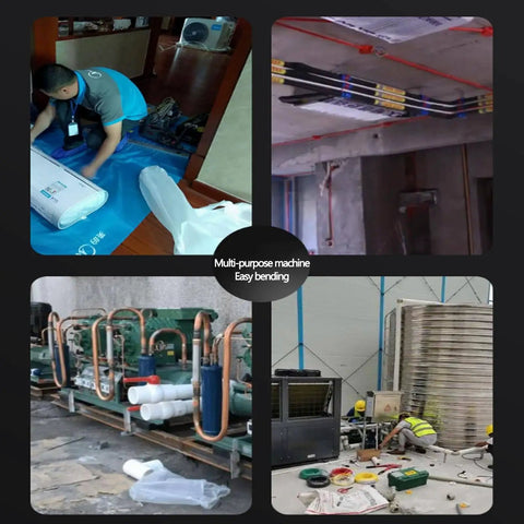 Top Rated Electric Tube Bender Kit For Soft Copper Pipe With 90 Degree Angle displayed in a plumbing setup with HVAC equipment.