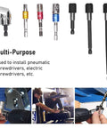 Colorful 7 Piece Socket Adapter Kit With Hex Shank And Extension Set For Screwdriver Bits In 1/2 1/4 And 3/8 Inch Sizes Makes Heavy Duty Work Easy Peasy Anytime. socket adapters for drill, chrome steel, multi-purpose use