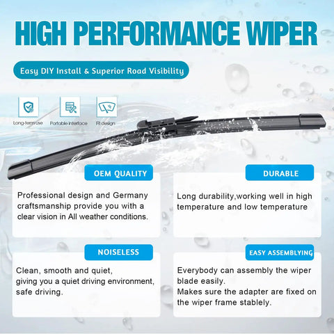 All Weather Windshield Wiper Blades Set For Audi Q7 2006 Through 2015 showcasing features like durability and easy assembly