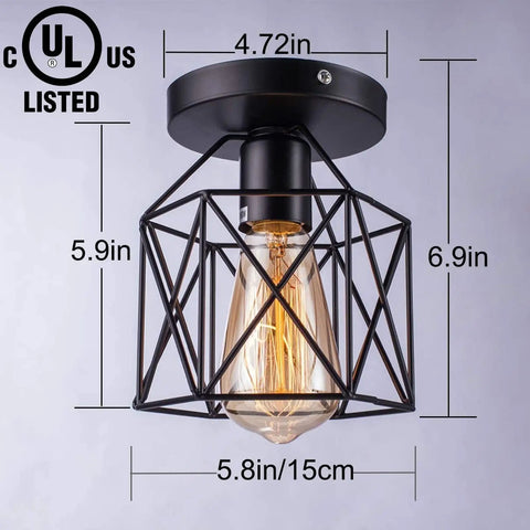 Retro Black Industrial Ceiling Light Fixtures 2 Pack, E26 E27 Semi Flush Mount For Hallway Porch Kitchen, UL Listed, Vintage Cage Design