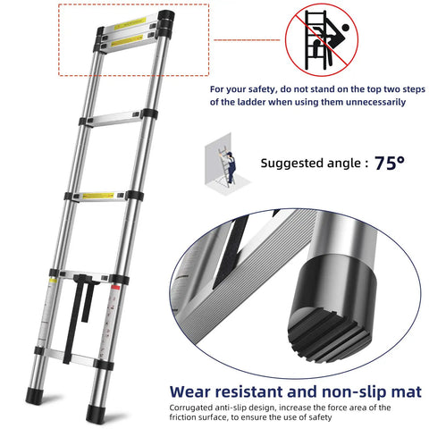 Ultra Lightweight 6.6 ft Aluminum Telescoping Ladder, non-slip mat detail, extension position, safety warning.