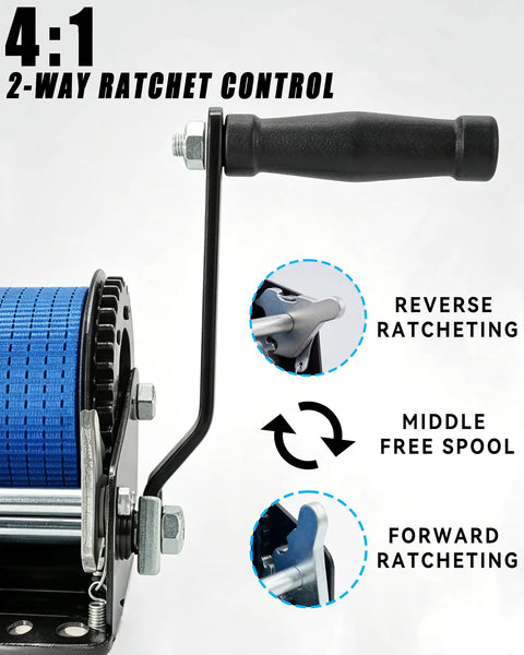 Heavy Duty Boat Trailer Winch 1600Lbs With 26ft Strap, 4:1 Gear Ratio Hand Crank Winch control handle with instructions shown