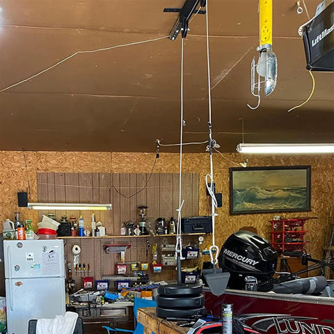 Ceiling Mount Gym Pulley System Stand With Preinstalled Pulleys For DIY Home Gym Or Garage LAT Pulldown And Squat Rack Attachment 16 Inch Hole Spacing installed in garage.