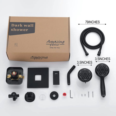 Matte Black High Pressure Shower System With Six Setting Rain Shower Head And Handheld Combo Including Pressure Balance Valve And Trim Kit for Steady Temperature Control And Awesome Bath Time Vibes, disassembled view