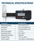 Compact 3-In-1 Mini Digital Caliper With Stainless Steel Body 0-25mm Range, LCD Readout, shown with specifications chart.