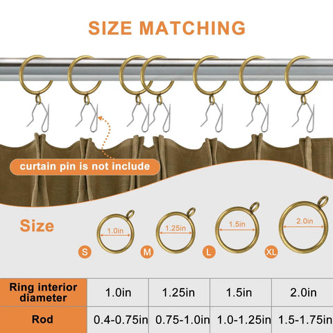 Antique Brass Curtain Rings With Eyelets For Up To One Point Two Inch Curtain Rods Set Of 30 Dope Heavy Duty Steel Drapery Rings featuring size chart
