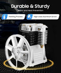 Beefy 3HP Twin Cylinder Air Compressor Pump Head With Silencer, aluminum and iron build, with automotive background.