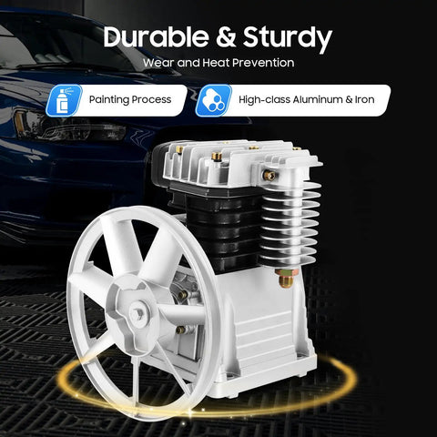 Beefy 3HP Twin Cylinder Air Compressor Pump Head With Silencer, aluminum and iron build, with automotive background.