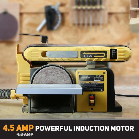 Pro Grade Belt And Disc Sander Combo With 4x36 Inch Belt And 6 Inch Disc, 3/4 HP Motor, front view in workshop setting