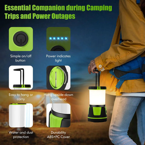Person holding Beast Bright 3000 Lumen Rechargeable Lantern with features like hanging hook, power indicator, and waterproof design.