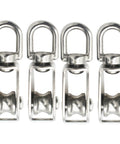 Beefy Stainless M15 Single Pulley Block Set 4 Pack For Lifting And Positioning With 15mm Wheel Diameter 6.6mm Groove 11mm Swivel Ring 4mm Plate And 63mm Total Length 45g Each For Wire Rope Crane With Swivel Hook Head, four stainless pulleys