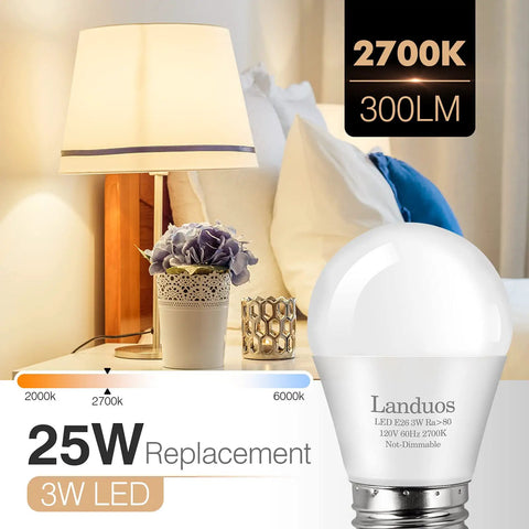 3W Led Bulb, 25W Incandescent Equivalent, 2700K Warm White shown near table lamp with cozy lighting