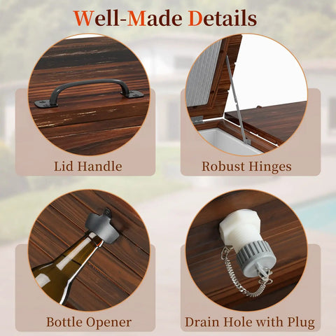 Close-up of 54 Quart Wooden Patio Cooler Cart With Wheels And Foldable Side Shelves Bottle Opener And Bottom Storage details