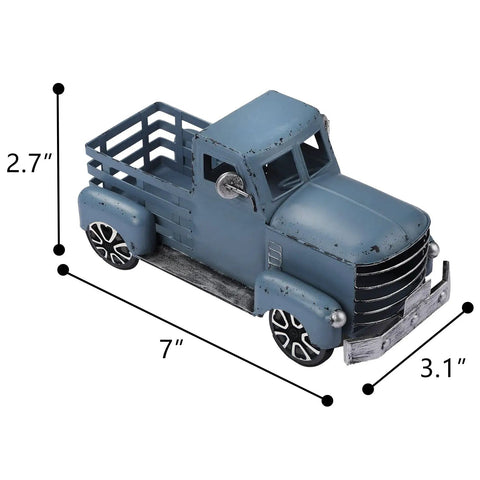 Blue Metal Pickup Truck Decor For Farmhouse Tables, Vintage Small Car Ornament With Flowers And Tree, 7x3.1x2.7 in