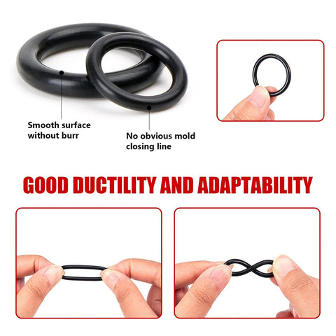 Front view of two black rubber O-rings, part of Ziciner 225-pc O-ring assortment kit
