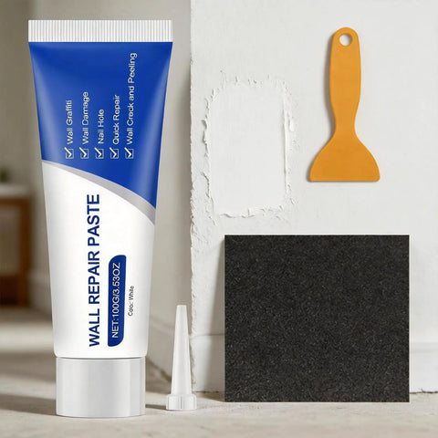 Wall Repair Kit With Quick Drying Putty Filler, Scraper And Sandpaper for fixing drywall or concrete at home.