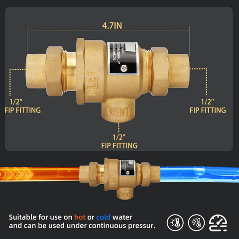 Brass 1/2-inch backflow preventer with dual check valves and atmospheric vent; 1/2" FIP inlet/outlet