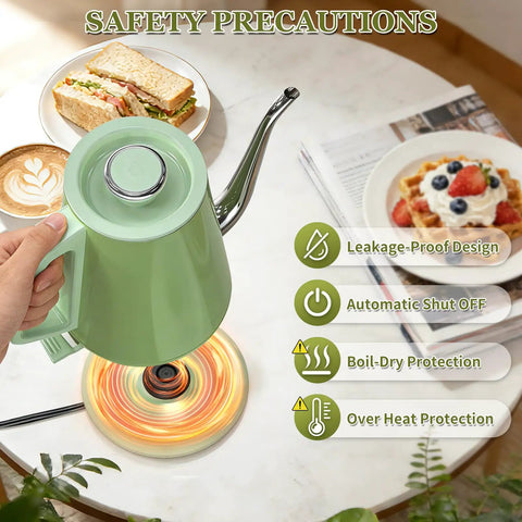 Person holding Gooseneck Electric Kettle 0.8L With 1200W Quick Boil, Stainless Steel, Auto Shut Off in green over a lit stovetop