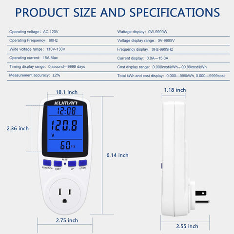 Smart Watt Meter For Home Use, Plug In Power Monitor That Keeps Tabs On Voltage, Amps, Watts, Frequency and more, front and side view