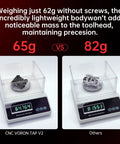 Comparison of CNC VORON TAP V2 and other device showing weight difference on electronic scales, 65g vs 82g, All Metal Optical Sensor Tap Leveling Kit For 3D Printers, Top Notch Precision 0.0004mm, Lightweight 68g, 5-24V Ready, MGN12H X Axis, Voron 2.4 And Trident Compatible, Improves Tap Accuracy And Speeds Setup displayed above.