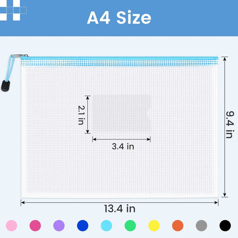 Mesh Zipper Pouch Bags 20 Pack With Label Pockets Waterproof A4 Letter Size Document Organizers shown in white mesh with dimensions.