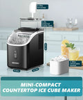Countertop Ice Maker Machine With External Water Tank on kitchen counter, includes ice scoop and basket, black model