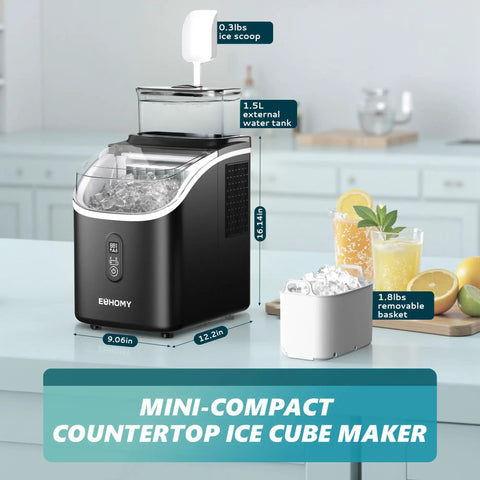Countertop Ice Maker Machine With External Water Tank on kitchen counter, includes ice scoop and basket, black model