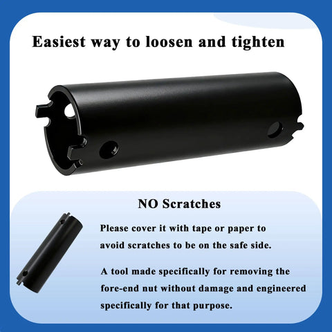 Extra Long Forend Nut Installation and Removal Tool for Mossberg 500 590 and Remington 870 Shotguns, Stainless Steel, Black Oxide Finish.