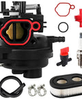 Carburetor Kit 799584 For Briggs And Stratton 594058 594057 592361 594529 And Troy Bilt TB110 TB200 163cc Lawn Mower Fits 103M02 09P702 550EX 625EX 675EX 725EXI LC121P with components including gaskets, filter, and clamps.