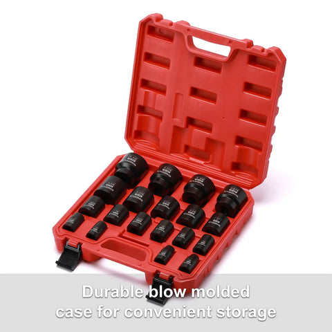 19 Piece 1/2 Inch Drive Impact Socket Set SAE Shallow Range 3/8 To 1-1/2 Inch Cr-Mo Alloy Steel in red carry case